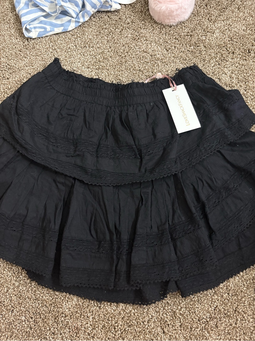 LoveShackFancy Black Tiered Eyelet Mini Skirt